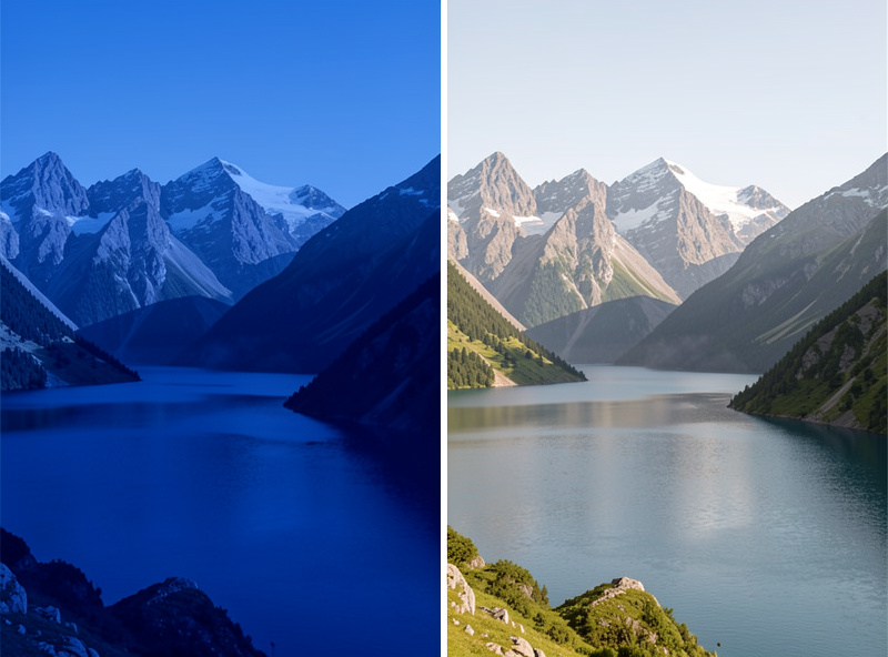 Split comparison of a landscape with a heavy blue color cast versus a color-corrected neutral version