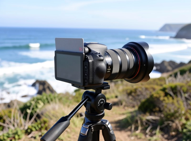 A slim polarizer and neutral density filter stacked on a lens with a gray card for custom white balance