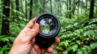 Rotating a circular polarizer filter on a lens over a saturated green landscape