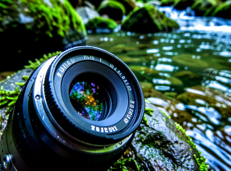 Photographer rotating a circular polarizer filter on a lens, showing glare removed from a wet green landscape