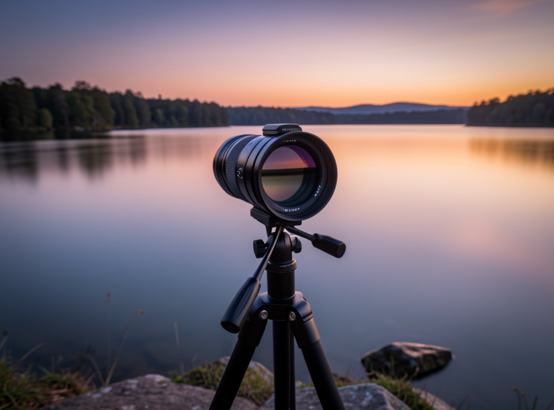 Circular polarizer stacked under a neutral density filter on a wide-angle lens mounted on a tripod by a lake