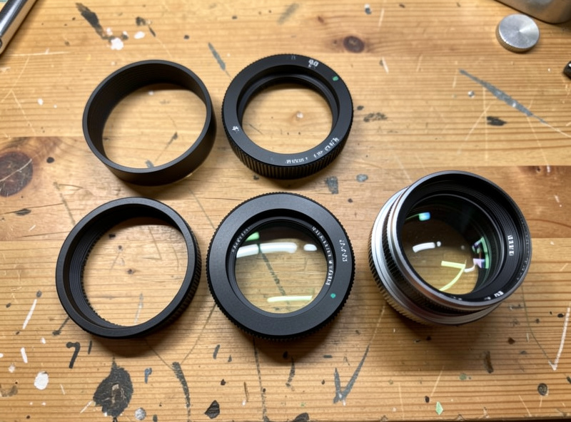 Several lens adapters for mirrorless cameras laid out on a workbench including a dumb ring and a speed booster