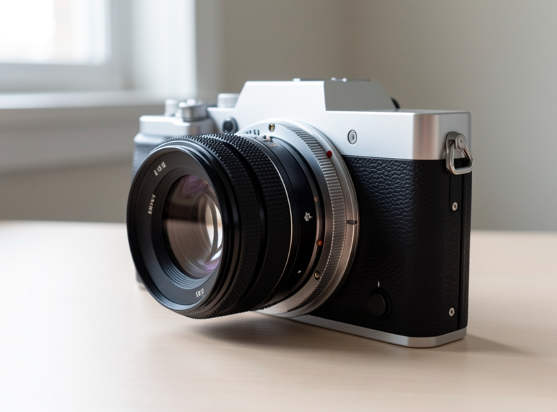 A vintage lens mounted on a mirrorless body through a metal dumb adapter ring, side profile on a desk