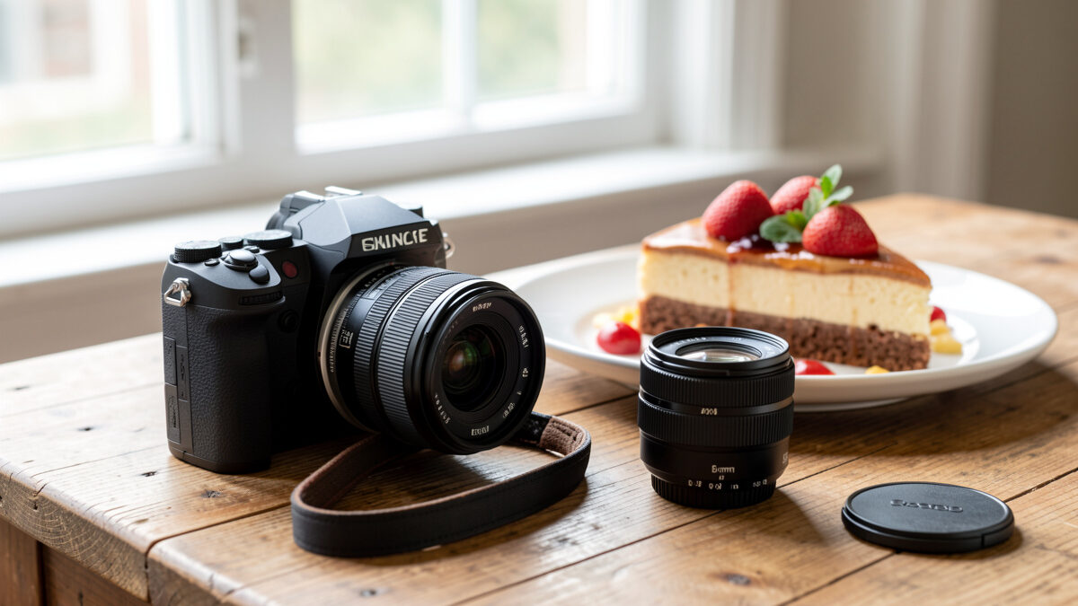 A 50mm prime and a short macro lens on a wooden table beside a plated dessert near a window