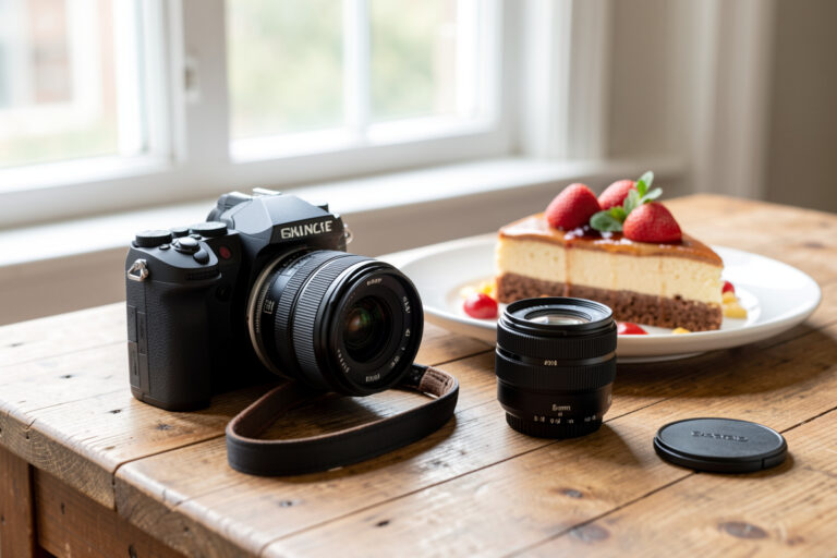 A 50mm prime and a short macro lens on a wooden table beside a plated dessert near a window