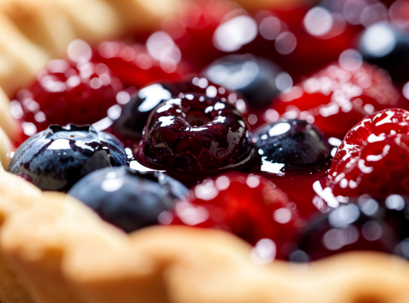 Close-up through a macro lens filling the frame with the glistening surface of a berry tart