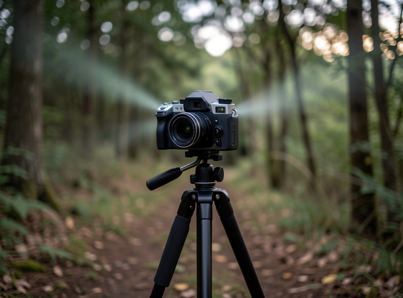 Smartphone running a camera control app wirelessly triggering a mirrorless camera on a tripod outdoors