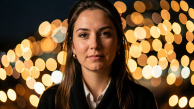Glowing field of round bokeh balls from city lights behind a portrait subject