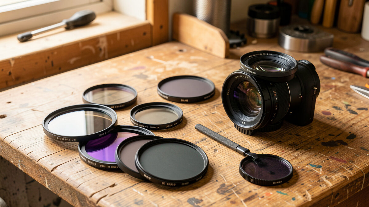 Assortment of camera lens filters including UV, polarizer and ND filters beside a mirrorless lens
