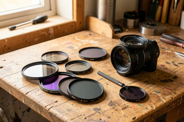 Assortment of camera lens filters including UV, polarizer and ND filters beside a mirrorless lens