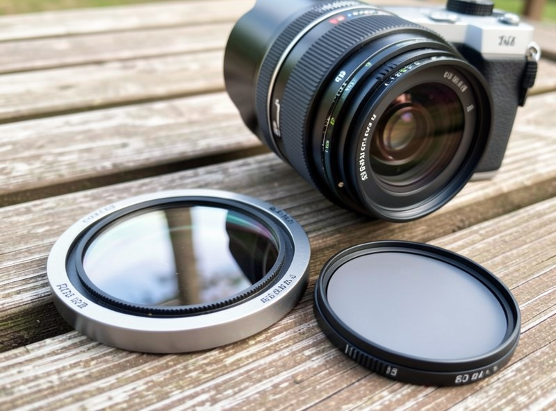 Circular polarizer, ND filter, and UV filter laid out beside a mirrorless lens on a wooden bench