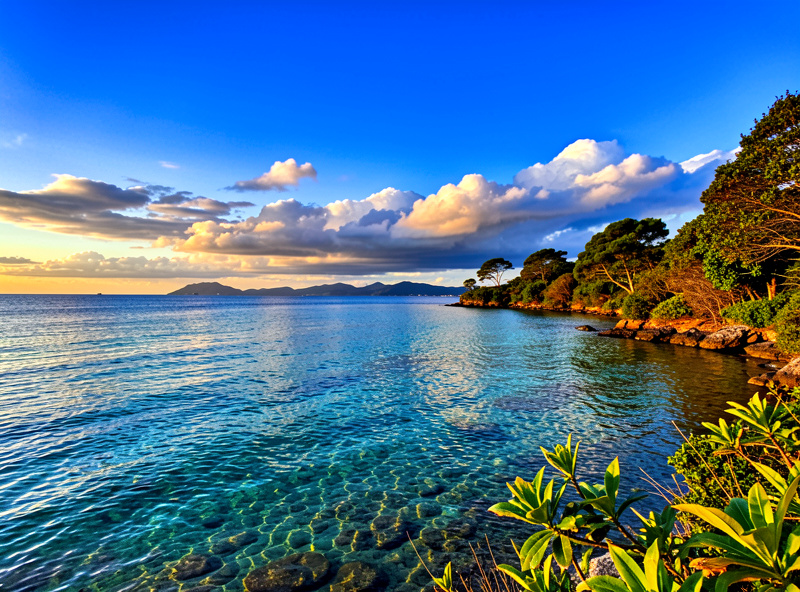 Landscape scene showing a polarized versus unpolarized sky and water comparison at golden hour