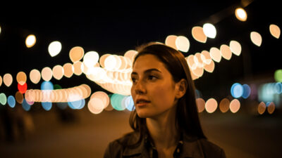 Cat-eye shaped background bokeh highlights swirling around a subject shot wide open