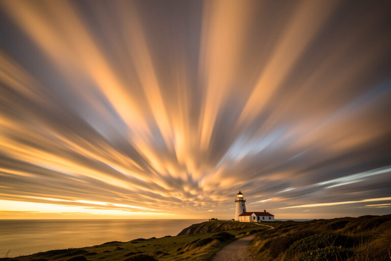 Long exposure of streaking clouds over a lighthouse with radial streaks toward the horizon