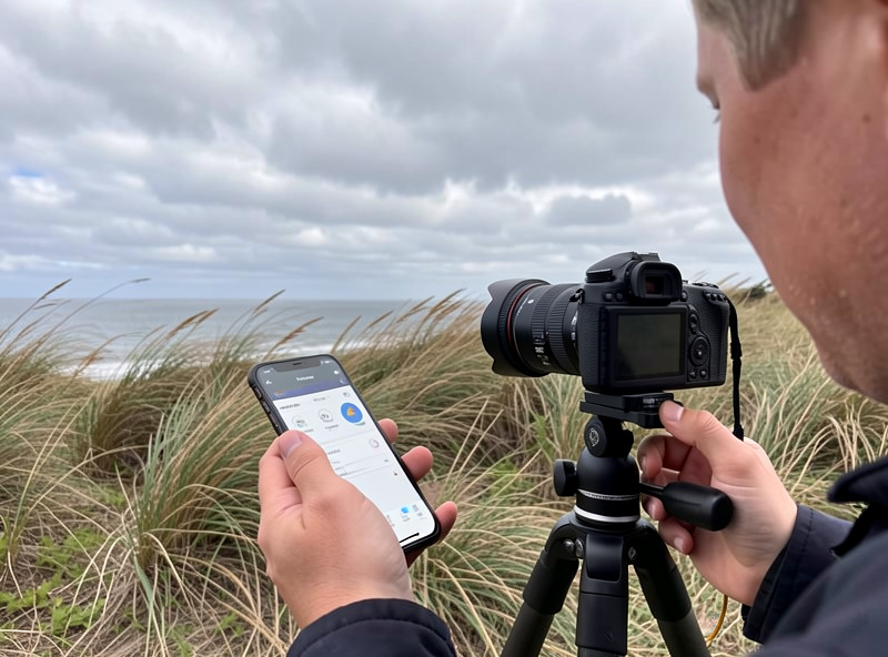 Photographer checking a weather app on a phone beside a tripod-mounted camera pointed at a cloudy sky