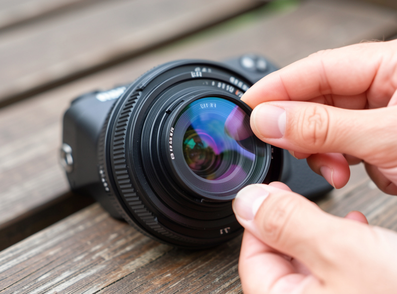 A UV protection filter being threaded onto the front of a mirrorless camera lens on a workbench