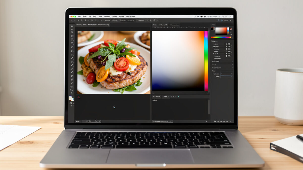 Photo editing software color-correcting a food photo, before and after white balance