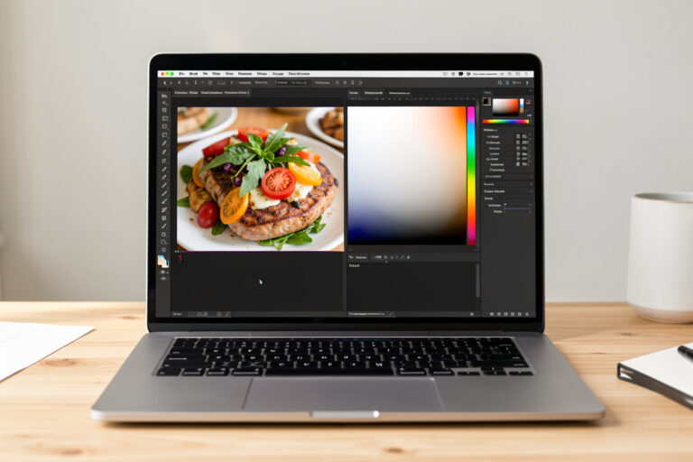 Photo editing software color-correcting a food photo, before and after white balance