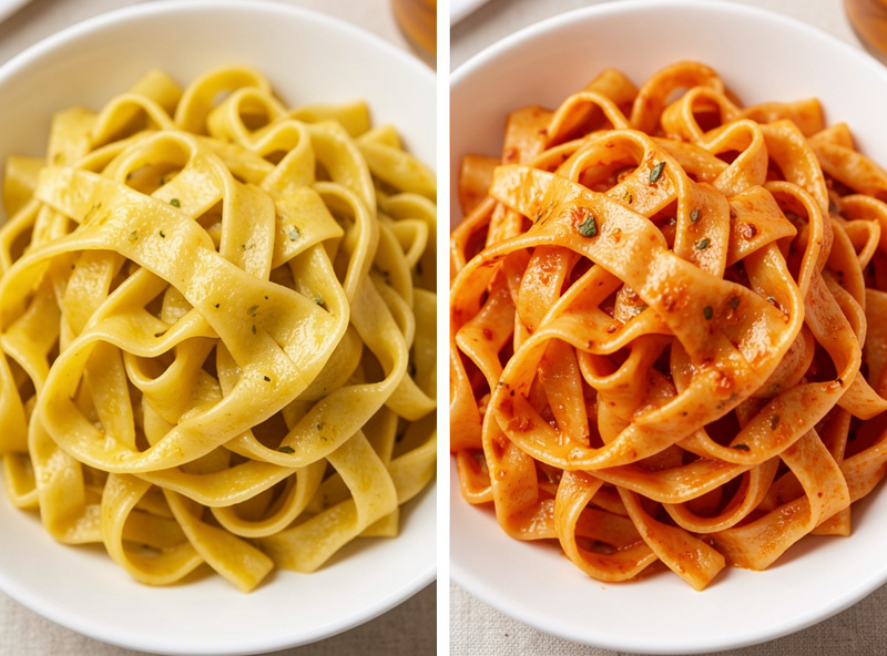 Side-by-side of the same plate of pasta looking yellow and sickly versus corrected to warm and edible