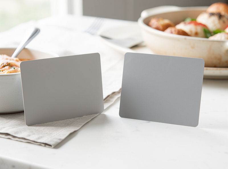 A neutral grey card placed beside a plated dish to set white balance reference in natural light