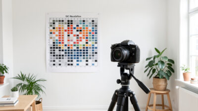 Mirrorless camera on a geared tripod head aimed at an ISO resolution chart on a white wall