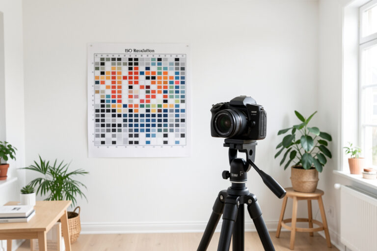Mirrorless camera on a geared tripod head aimed at an ISO resolution chart on a white wall