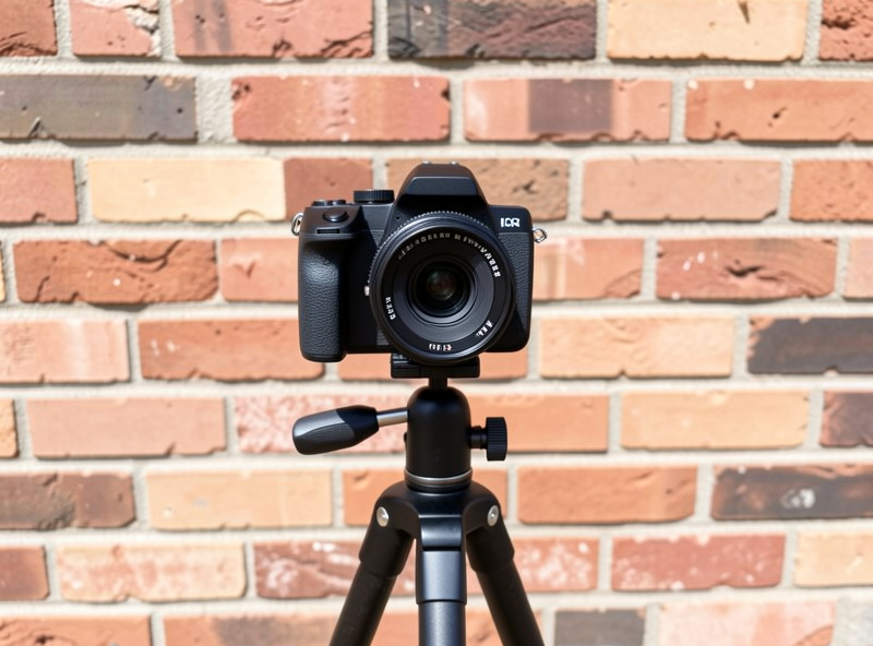 Prime lens with a visible aperture ring mounted on a mirrorless camera on a tripod aimed at a textured brick wall