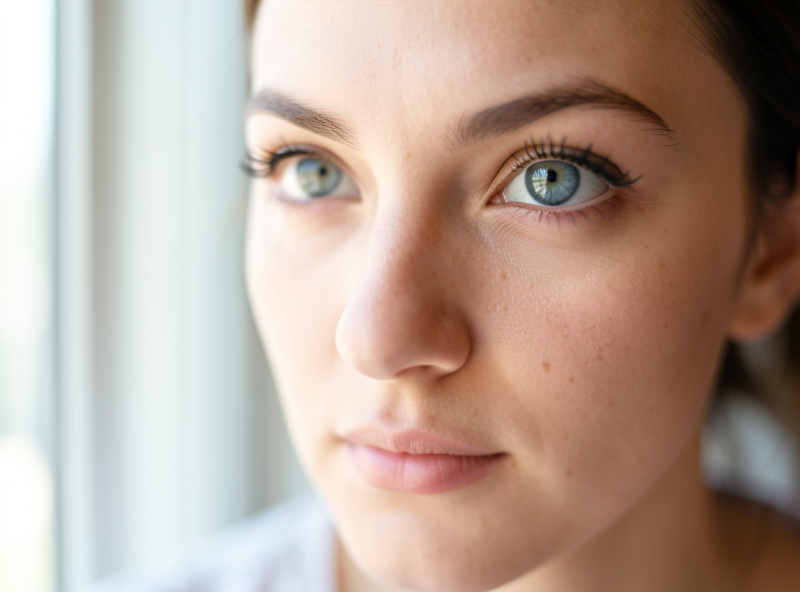Wide-aperture portrait with the subject's near eye tack-sharp and the background softly blurred in natural window light