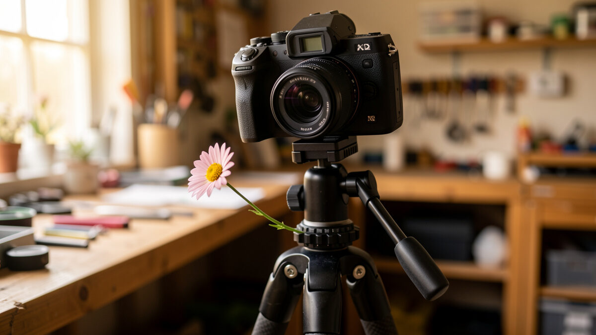 Mirrorless camera on a geared carbon tripod head aimed down at a wildflower in soft window light