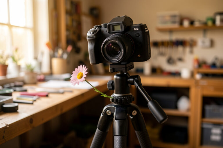 Mirrorless camera on a geared carbon tripod head aimed down at a wildflower in soft window light
