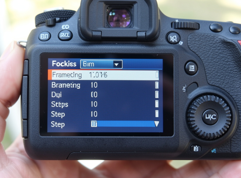 Camera rear LCD showing a focus bracketing menu with frame count and step value, thumb on the rear dial