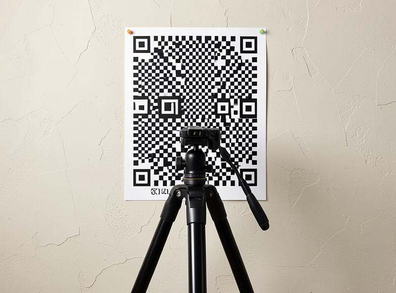 Tripod-locked camera aimed square at a high-contrast resolution test chart pinned flat to a wall, geared head and cable release attached