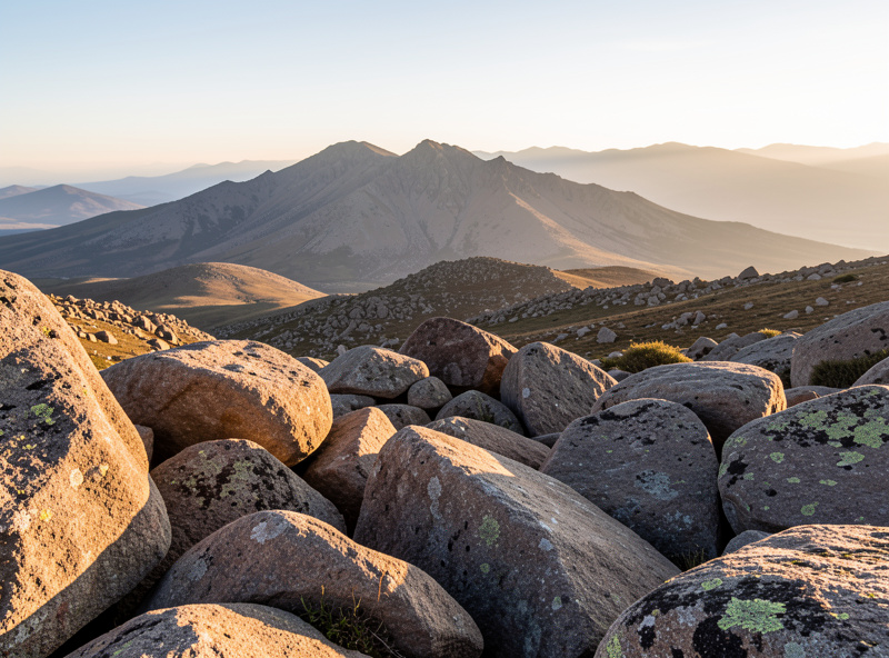 Telephoto landscape with sharp foreground boulders and a distant ridge both critically sharp at golden hour