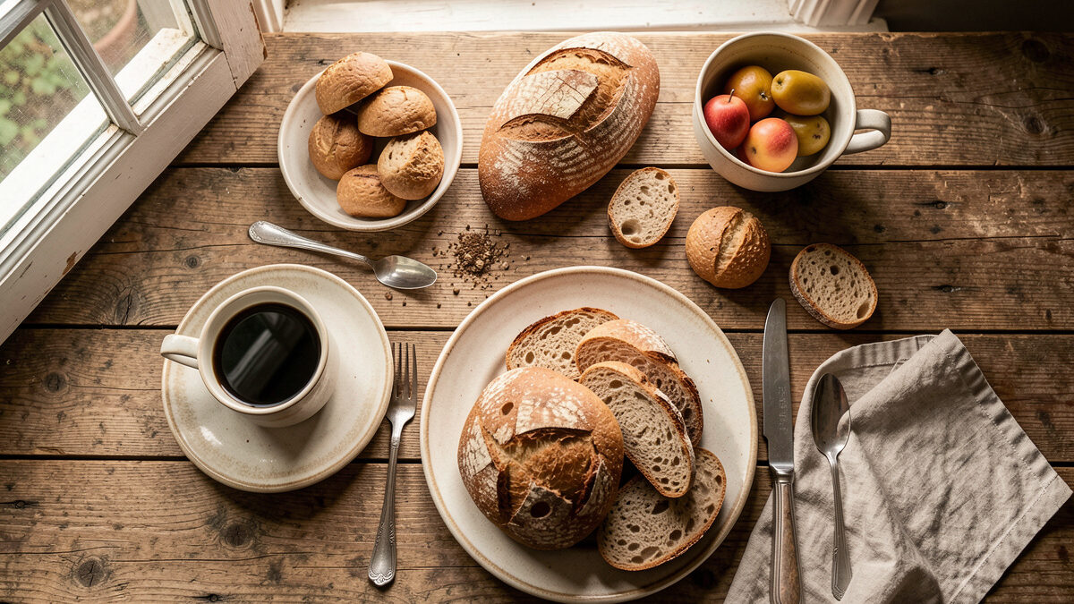 Overhead flat-lay of a rustic breakfast spread on weathered wood beside a north-facing window