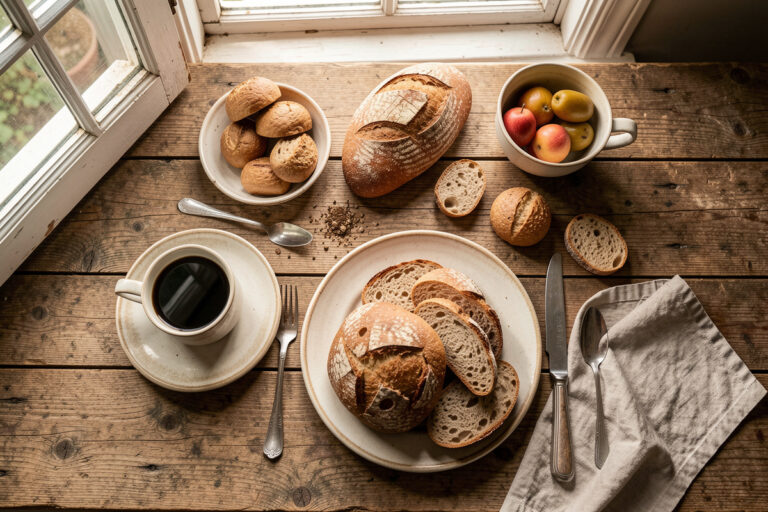 Overhead flat-lay of a rustic breakfast spread on weathered wood beside a north-facing window