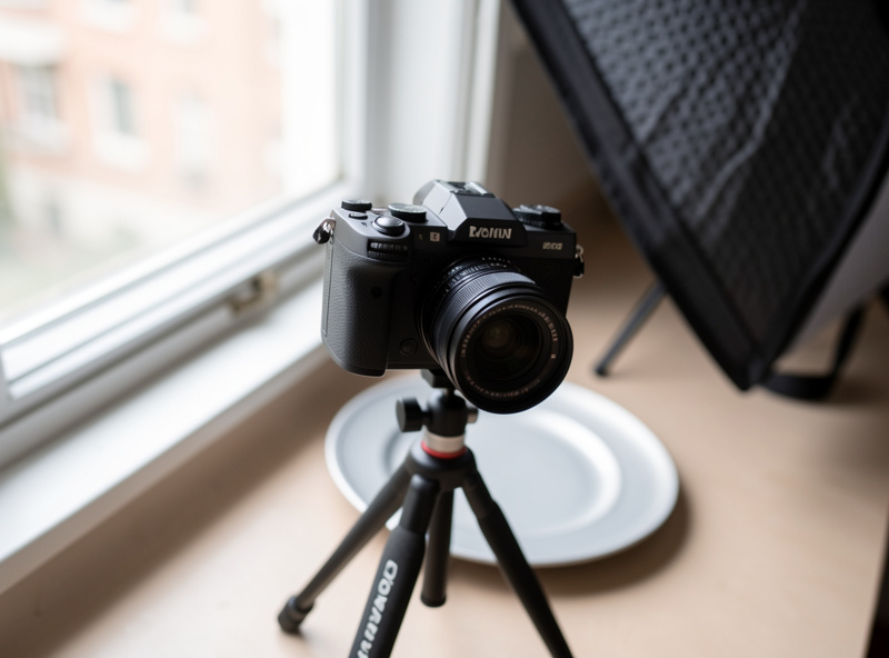 Mirrorless camera on a small tripod aimed down at a plated dish beside a window with a diffusion panel