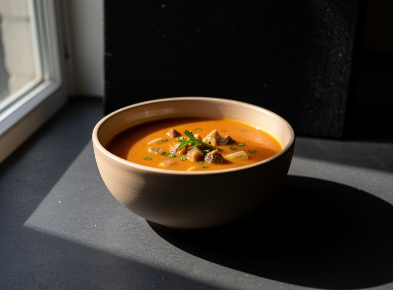 A ceramic bowl of soup lit from the side by window light with a black flag adding shadow on the near side