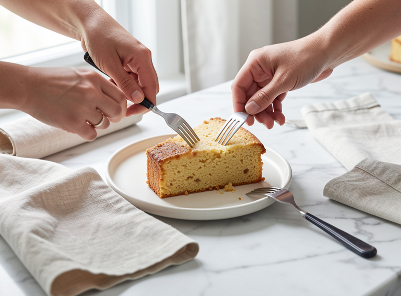 Hands arranging a fork and linen napkin as props around a slice of cake on a marble surface in natural light