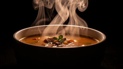A hot bowl of soup backlit against a dark background so its real steam catches the light and glows