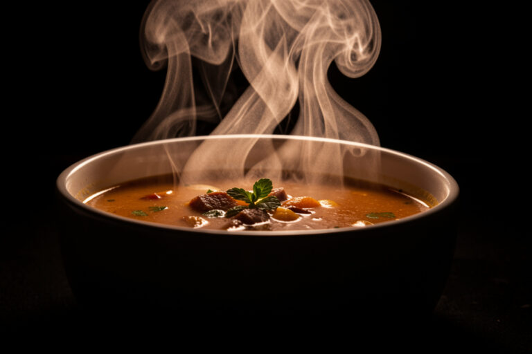 A hot bowl of soup backlit against a dark background so its real steam catches the light and glows