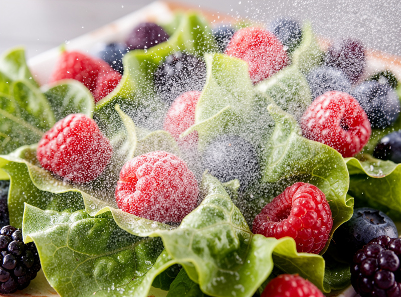A fine mist of water droplets freshly sprayed on green lettuce and berries making them look just-washed