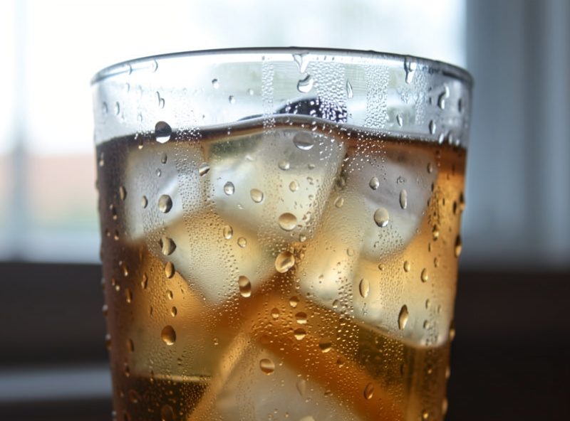 Condensation droplets on the outside of a cold glass of iced drink backlit by window light