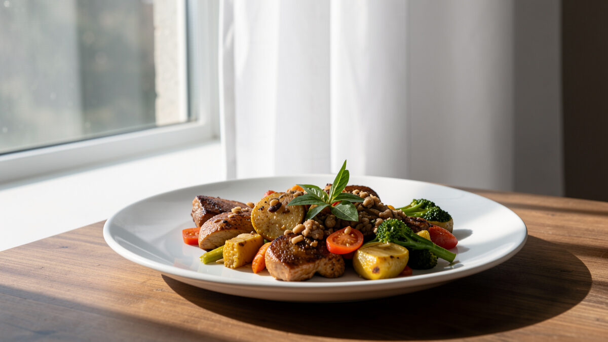 A plate of food beside a north-facing window with soft daylight raking across the dish