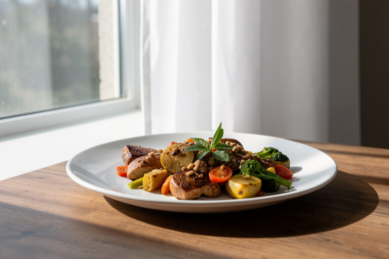 A plate of food beside a north-facing window with soft daylight raking across the dish