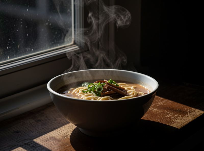 A plate of food beside a large north-facing window with soft daylight raking across the dish and a white curtain diffusing it