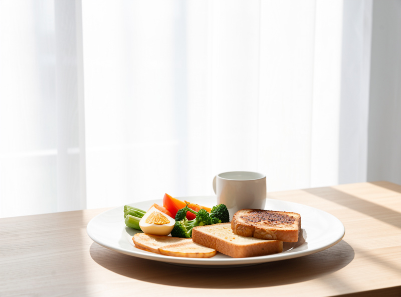A sheer white curtain diffusing harsh midday sun over a breakfast plate, softening hard shadows
