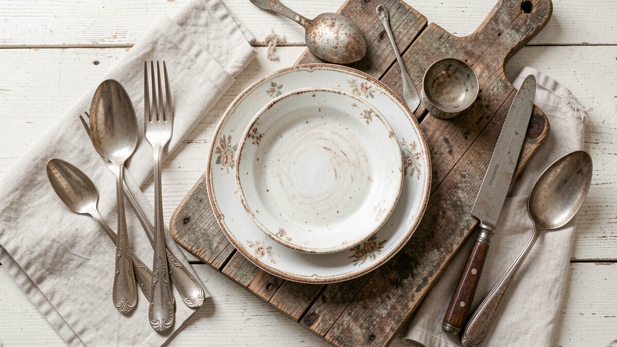 A food styling flat-lay of thrift-store cutlery, linen napkins, and a weathered wood board around a rustic dish