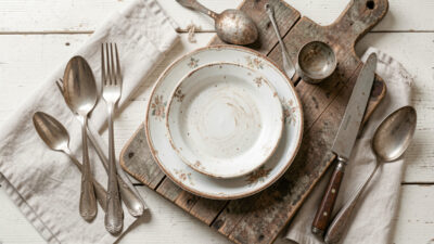 A food styling flat-lay of thrift-store cutlery, linen napkins, and a weathered wood board around a rustic dish