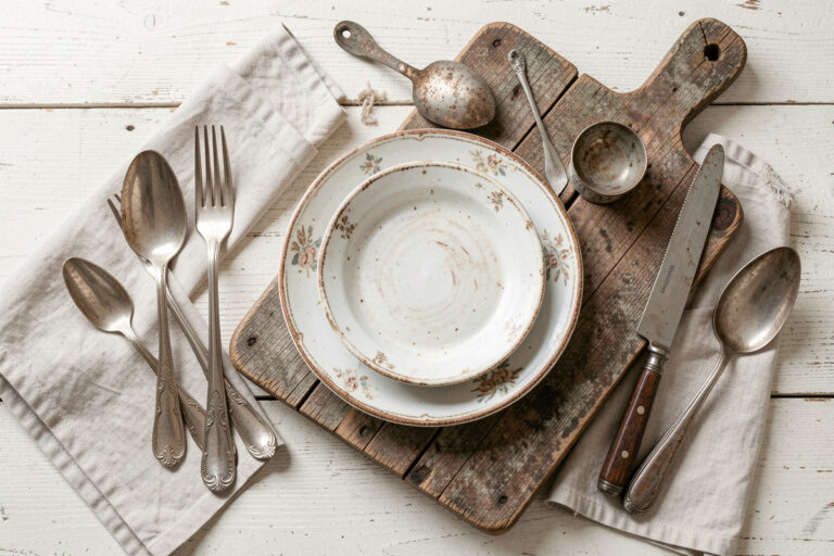 A food styling flat-lay of thrift-store cutlery, linen napkins, and a weathered wood board around a rustic dish