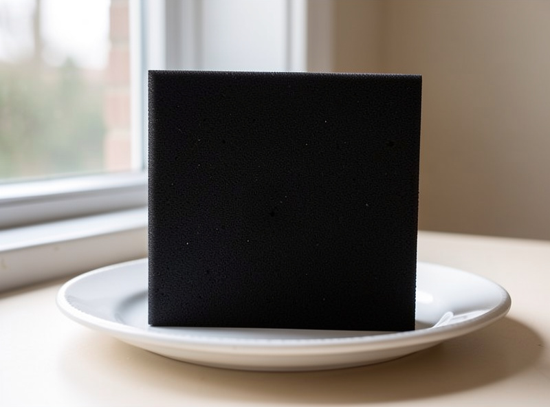 A black foam board positioned as negative fill on the shadow side of a plated dish near a window